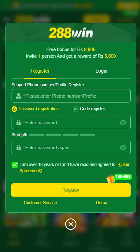 288win Game login and registration interface for new user sign up