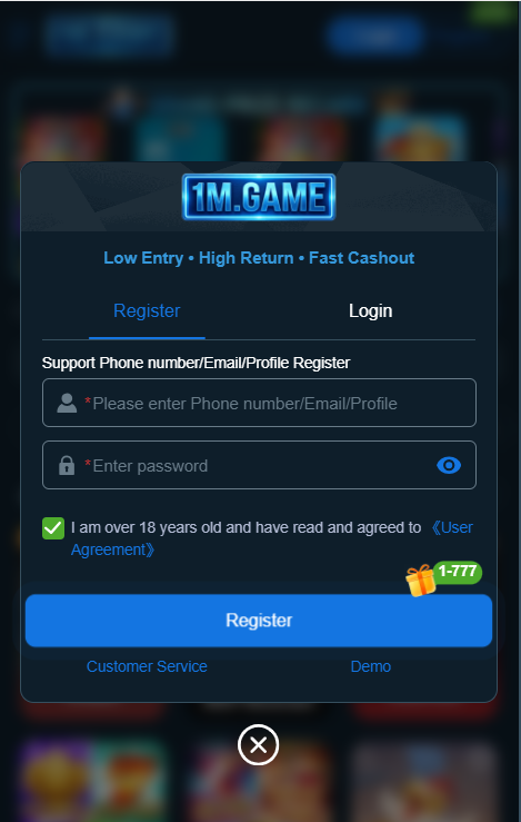 1M Game login and Registration