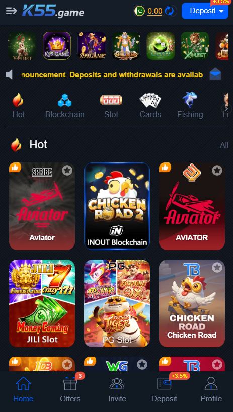 K55 online casino interface